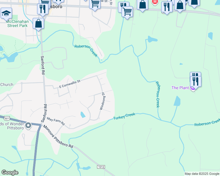 map of restaurants, bars, coffee shops, grocery stores, and more near 14 Bridle Path in Pittsboro