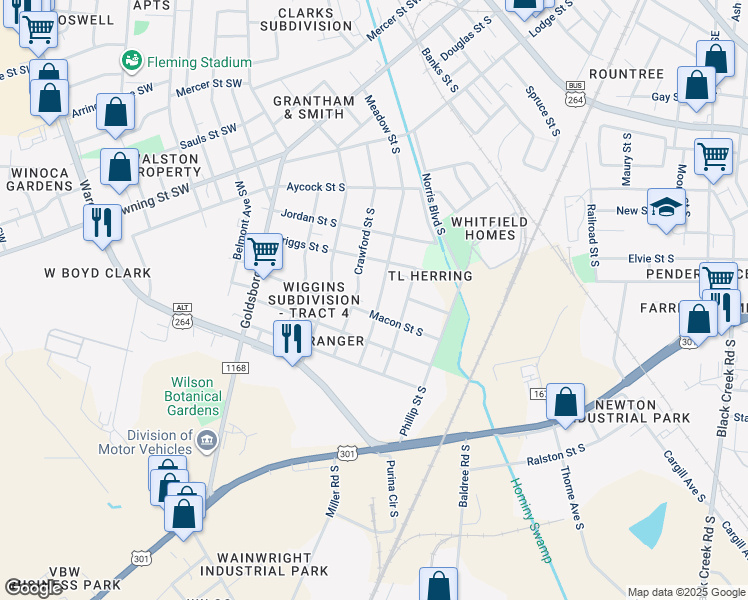 map of restaurants, bars, coffee shops, grocery stores, and more near 1114 Meadow Street South in Wilson