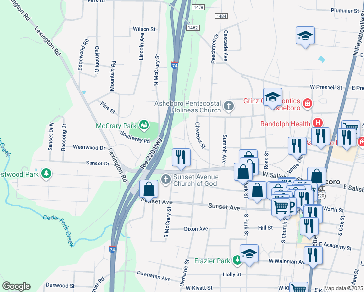 map of restaurants, bars, coffee shops, grocery stores, and more near 303 Railroad Street in Asheboro