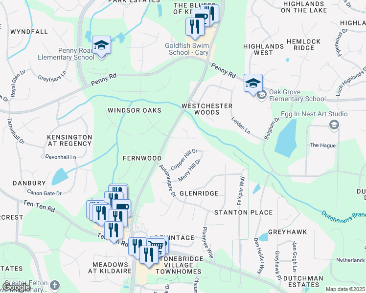 map of restaurants, bars, coffee shops, grocery stores, and more near 102 Powder Mill Court in Cary