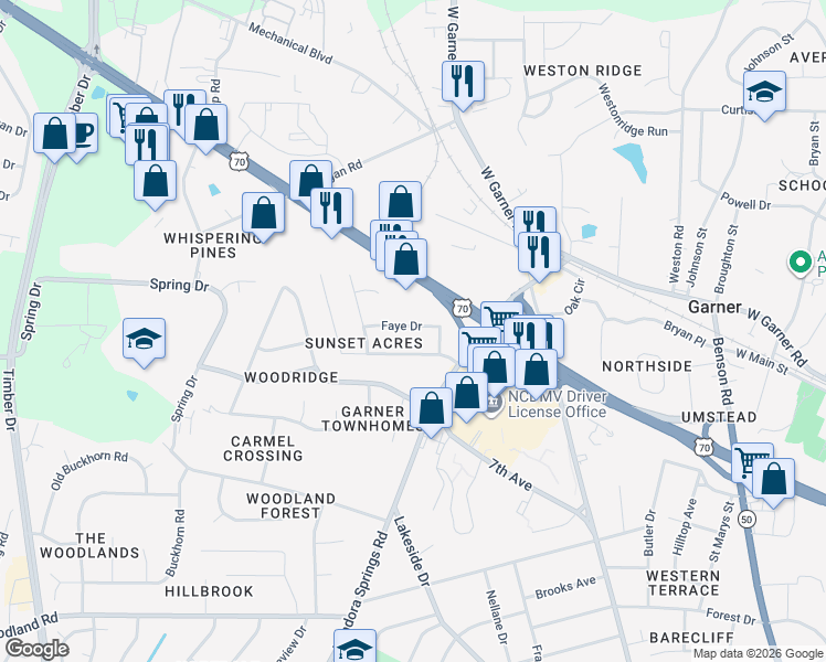 map of restaurants, bars, coffee shops, grocery stores, and more near 1407 Faye Drive in Garner