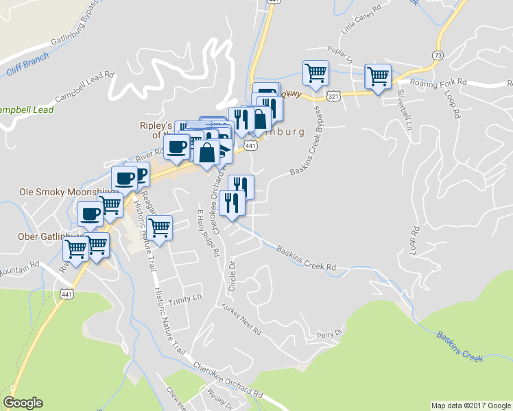 map of restaurants, bars, coffee shops, grocery stores, and more near 193 Newton Lane in Gatlinburg