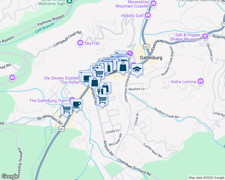 map of restaurants, bars, coffee shops, grocery stores, and more near 157 West Holly Ridge Road in Gatlinburg