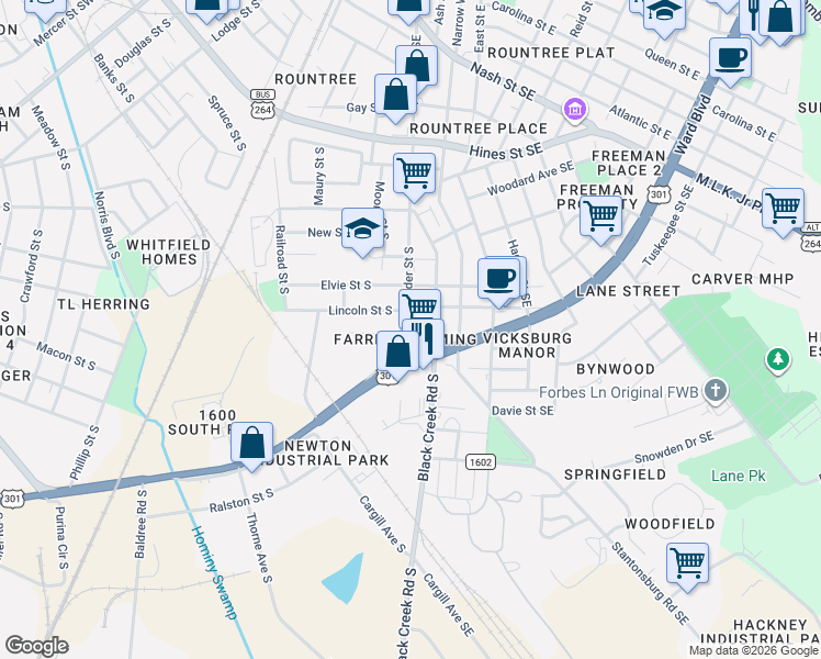 map of restaurants, bars, coffee shops, grocery stores, and more near 804 Lincoln Street Southeast in Wilson