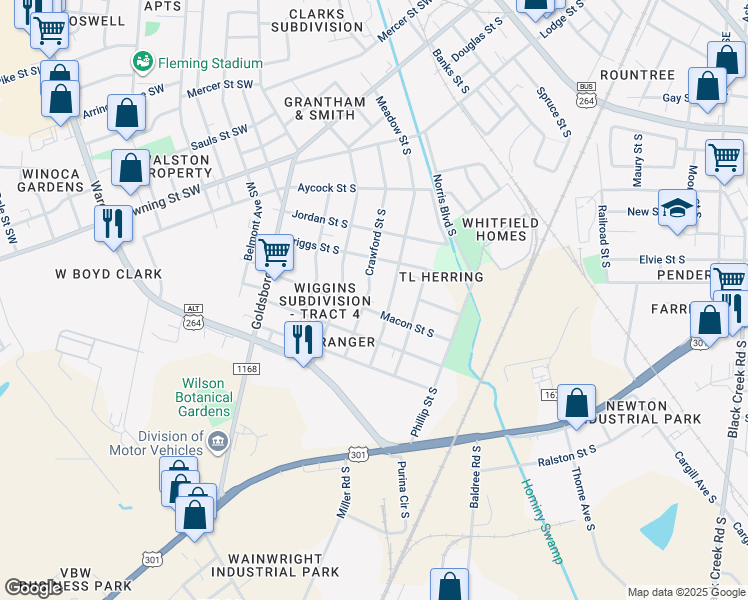 map of restaurants, bars, coffee shops, grocery stores, and more near 1114 Meadow Street South in Wilson