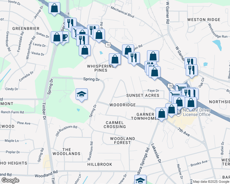 map of restaurants, bars, coffee shops, grocery stores, and more near 511 Buck Branch Drive in Garner
