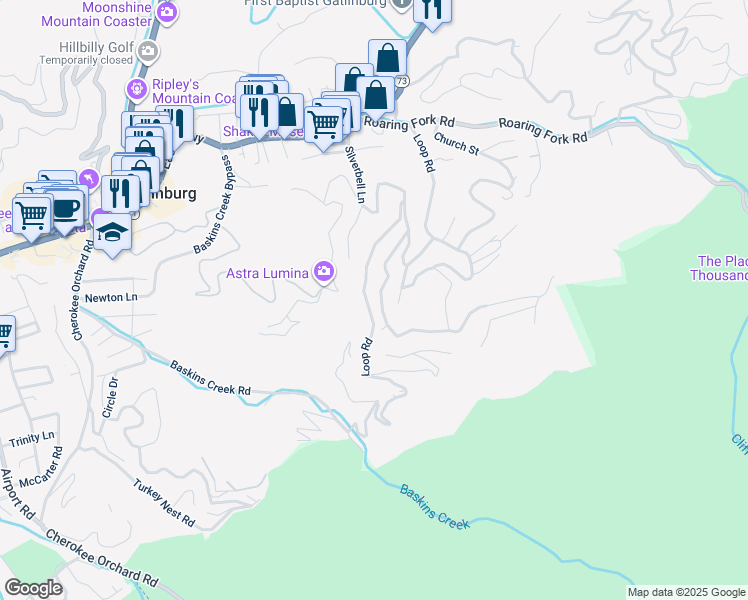 map of restaurants, bars, coffee shops, grocery stores, and more near 454 Forrest Springs Drive in Gatlinburg