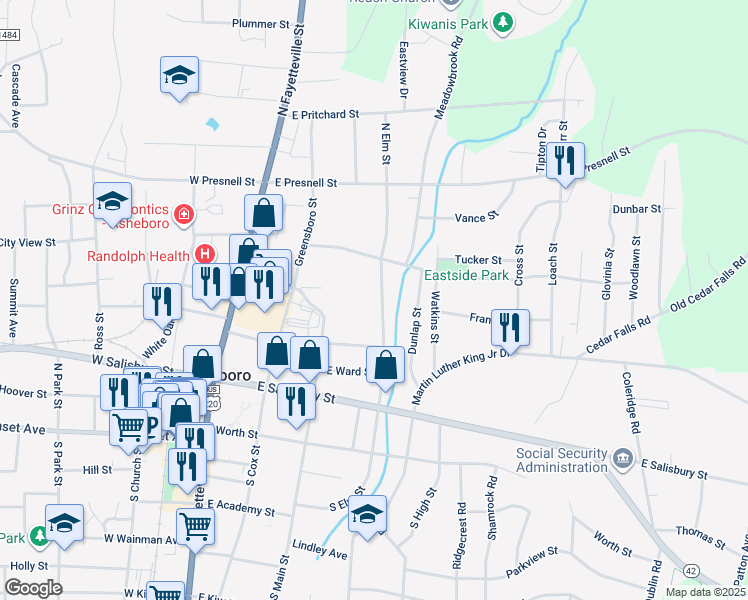 map of restaurants, bars, coffee shops, grocery stores, and more near 339-1N North Elm Street in Asheboro