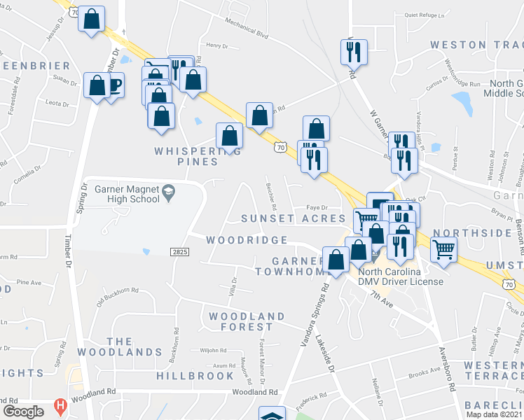 map of restaurants, bars, coffee shops, grocery stores, and more near 1702 Foxwood Dr in Garner