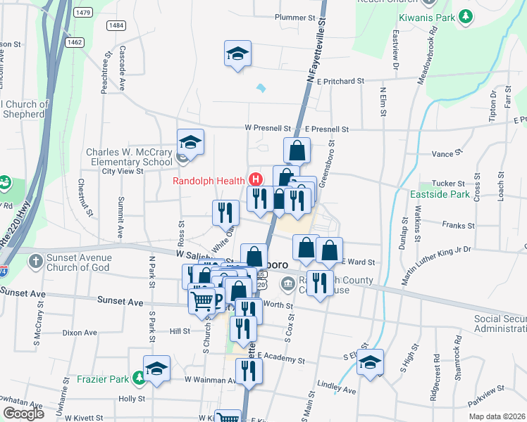 map of restaurants, bars, coffee shops, grocery stores, and more near 127 MacArthur Street in Asheboro