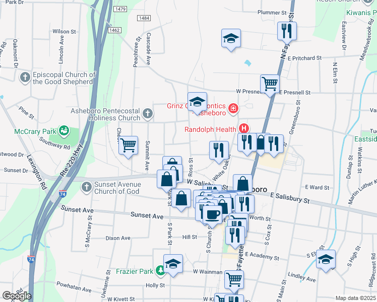 map of restaurants, bars, coffee shops, grocery stores, and more near 303 Ross Street in Asheboro