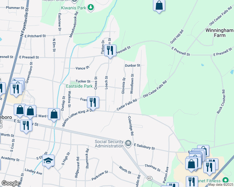 map of restaurants, bars, coffee shops, grocery stores, and more near 436 Spring Street in Asheboro