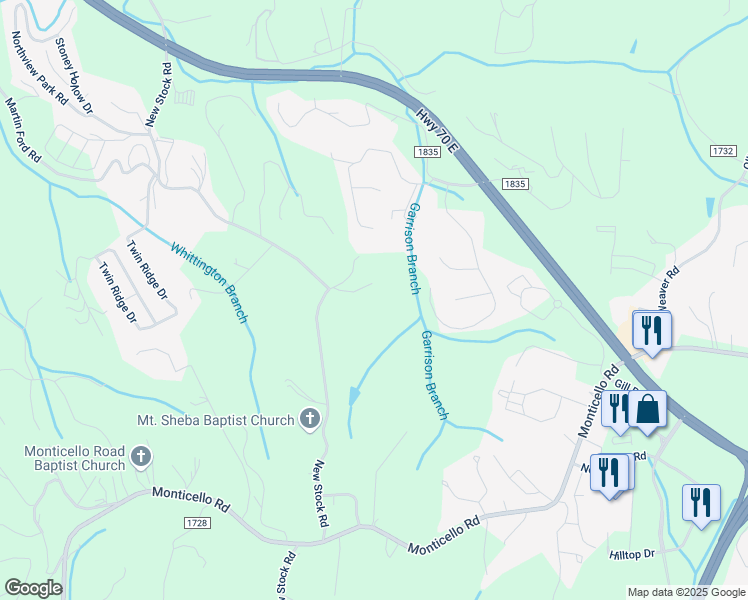map of restaurants, bars, coffee shops, grocery stores, and more near 5 Rolling Meadows Lane in Weaverville
