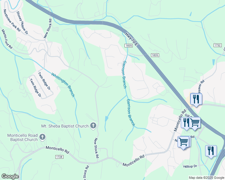 map of restaurants, bars, coffee shops, grocery stores, and more near 5 Rolling Meadows Lane in Weaverville