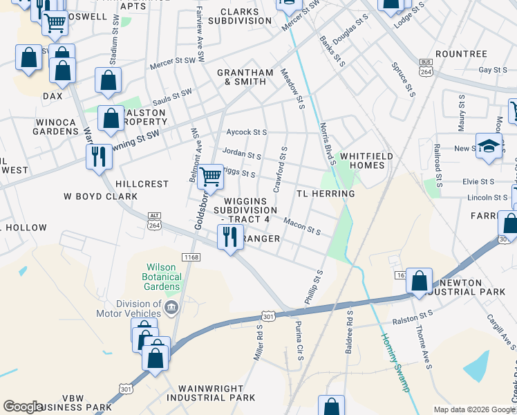 map of restaurants, bars, coffee shops, grocery stores, and more near 1117 Woodrow Street South in Wilson