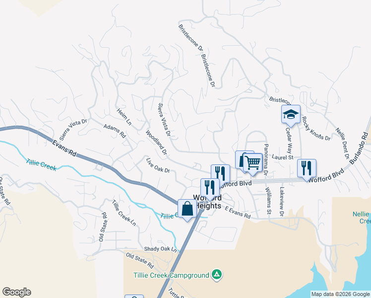 map of restaurants, bars, coffee shops, grocery stores, and more near 1 Donalda Court in Wofford Heights
