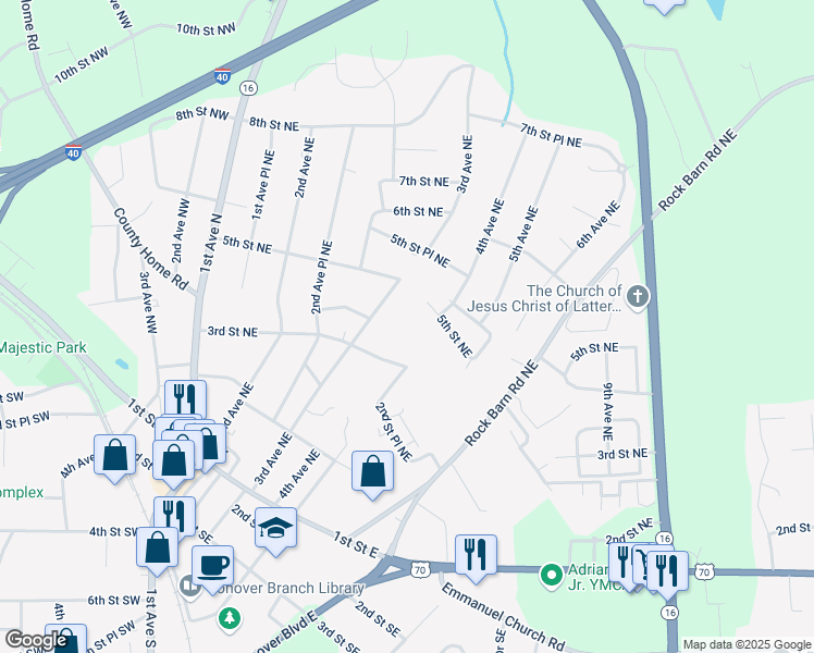 map of restaurants, bars, coffee shops, grocery stores, and more near 3718 Club House Drive Northeast, in Conover