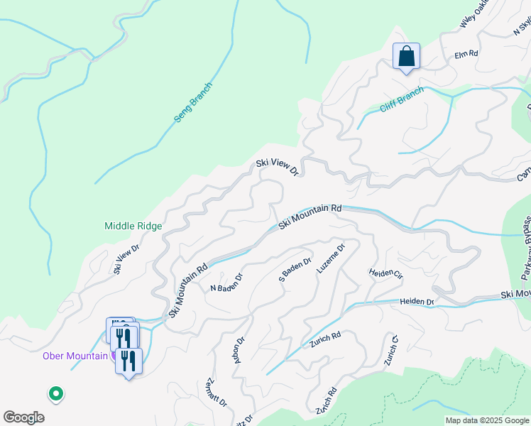 map of restaurants, bars, coffee shops, grocery stores, and more near 1220 Edelweiss Drive in Gatlinburg