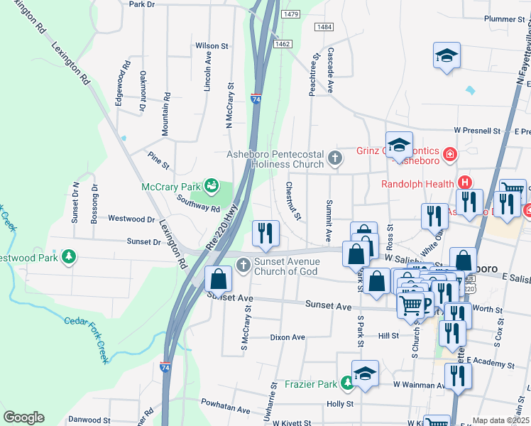 map of restaurants, bars, coffee shops, grocery stores, and more near 303 Railroad Street in Asheboro