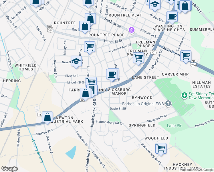 map of restaurants, bars, coffee shops, grocery stores, and more near 810 Singletary Street Southeast in Wilson