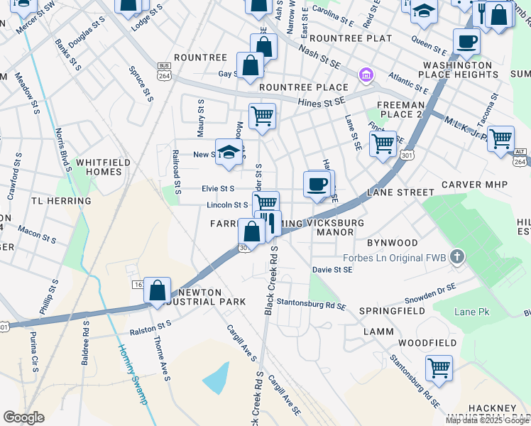 map of restaurants, bars, coffee shops, grocery stores, and more near 804 Lincoln Street Southeast in Wilson