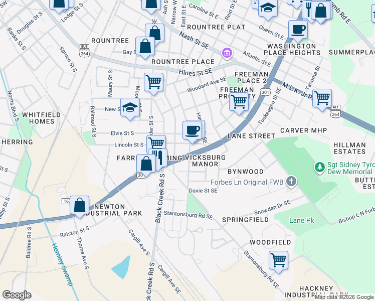 map of restaurants, bars, coffee shops, grocery stores, and more near 810 Singletary Street Southeast in Wilson
