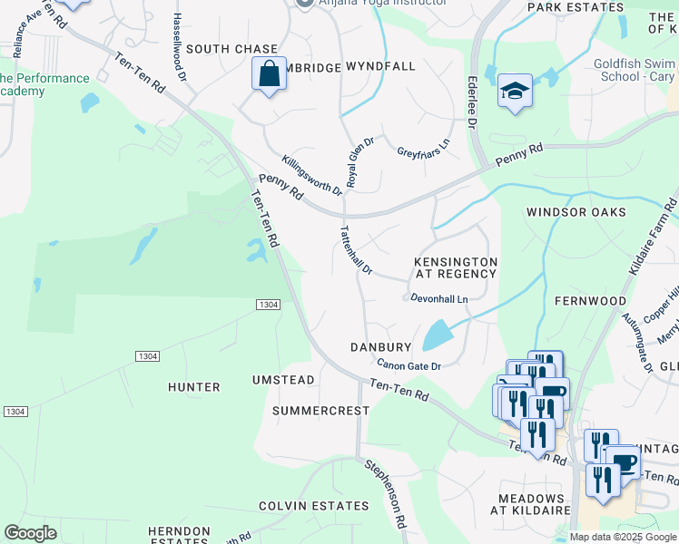 map of restaurants, bars, coffee shops, grocery stores, and more near 113 Selly Manor Court in Cary