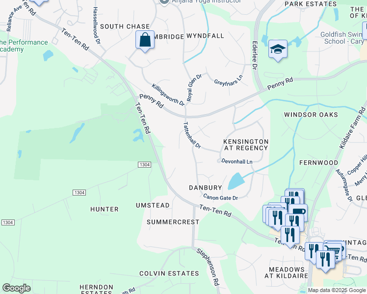 map of restaurants, bars, coffee shops, grocery stores, and more near 113 Selly Manor Court in Cary