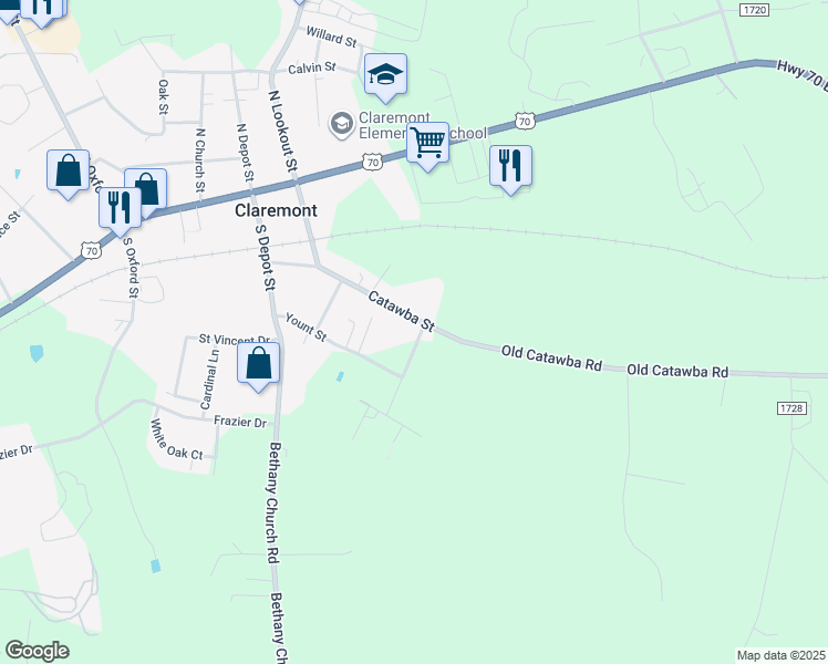 map of restaurants, bars, coffee shops, grocery stores, and more near 3217 Catawba Street in Claremont