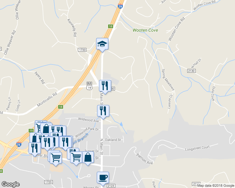 map of restaurants, bars, coffee shops, grocery stores, and more near 23 Dula Springs Road in Weaverville