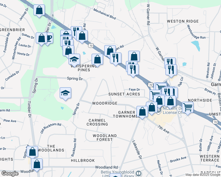 map of restaurants, bars, coffee shops, grocery stores, and more near 1704 Foxwood Drive in Garner