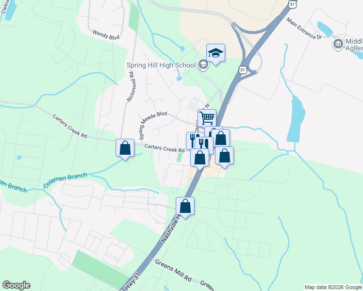 map of restaurants, bars, coffee shops, grocery stores, and more near 2635 Old Highway 31 North in Columbia