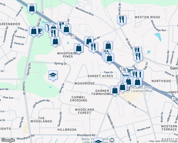 map of restaurants, bars, coffee shops, grocery stores, and more near 1704 Foxwood Drive in Garner