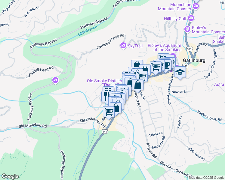 map of restaurants, bars, coffee shops, grocery stores, and more near 635 River Road in Gatlinburg