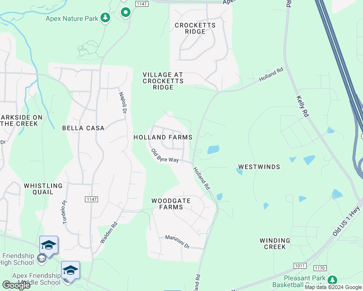 map of restaurants, bars, coffee shops, grocery stores, and more near 1990 Steeple Chase Bend in Apex