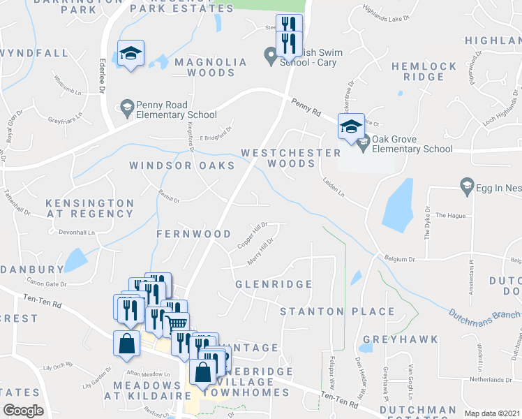 map of restaurants, bars, coffee shops, grocery stores, and more near 200 Travilah Oaks Lane in Cary
