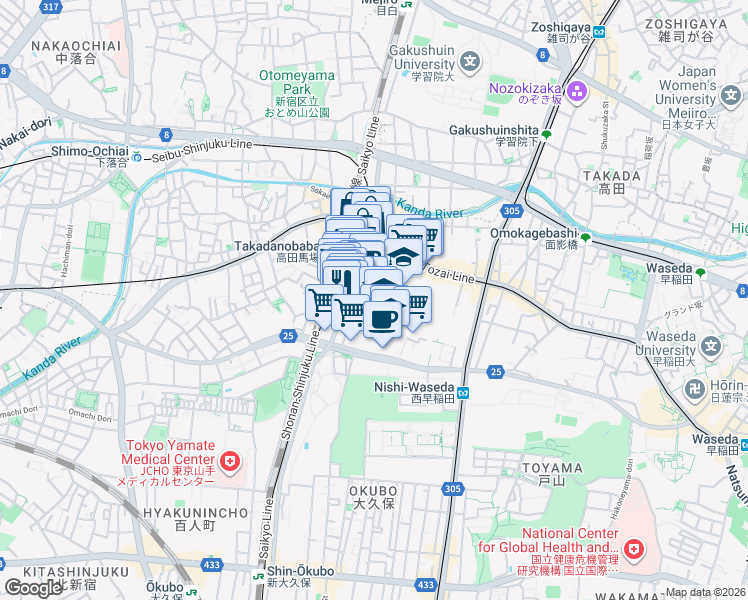 map of restaurants, bars, coffee shops, grocery stores, and more near in Shinjuku City