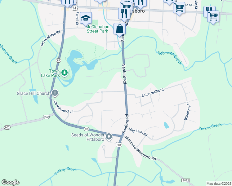map of restaurants, bars, coffee shops, grocery stores, and more near 71 West Cornwallis Street in Pittsboro