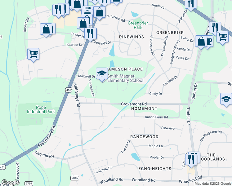 map of restaurants, bars, coffee shops, grocery stores, and more near 710 Grovemont Road in Raleigh