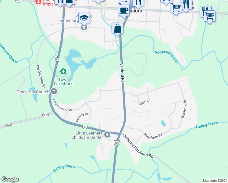 map of restaurants, bars, coffee shops, grocery stores, and more near 71 West Cornwallis Street in Pittsboro