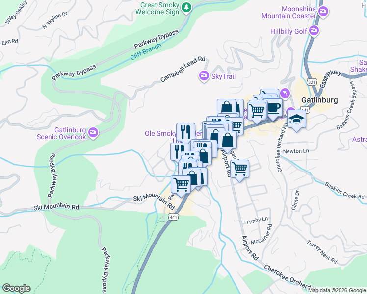 map of restaurants, bars, coffee shops, grocery stores, and more near 619 Oak Street in Gatlinburg