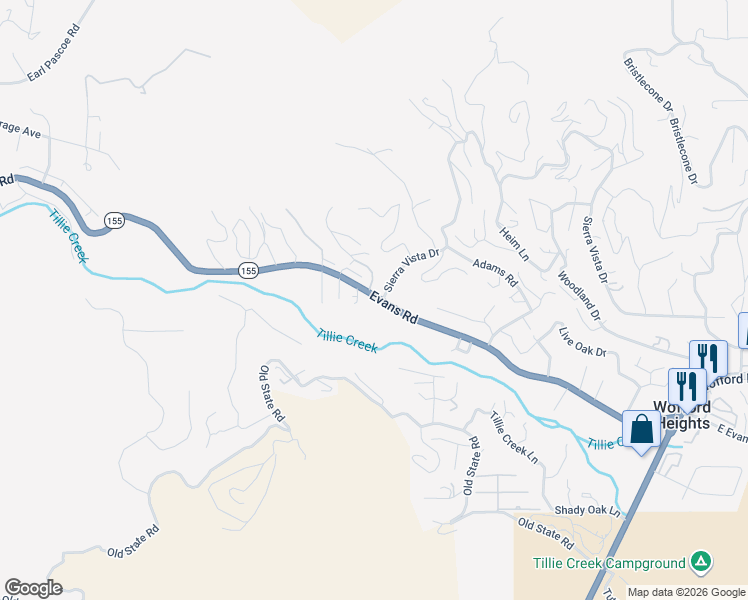 map of restaurants, bars, coffee shops, grocery stores, and more near 829 Evans Road in Wofford Heights