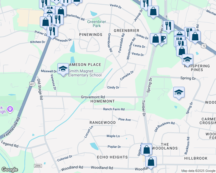 map of restaurants, bars, coffee shops, grocery stores, and more near 5027 Winterlochen Road in Raleigh