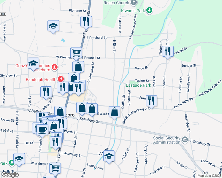 map of restaurants, bars, coffee shops, grocery stores, and more near 339-1N North Elm Street in Asheboro