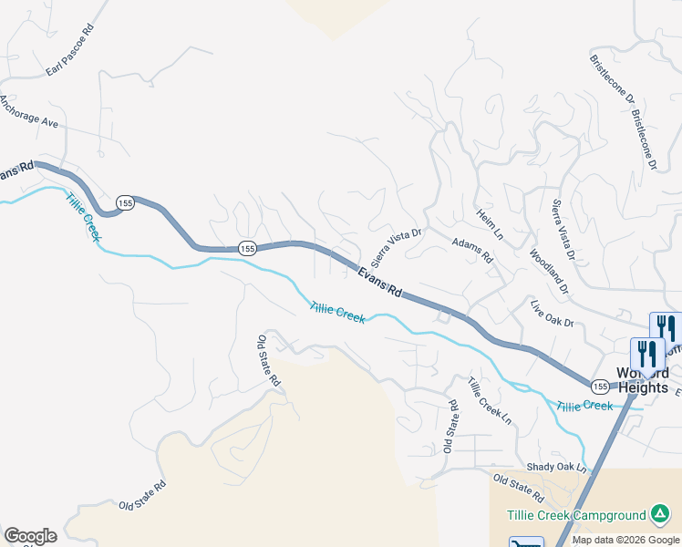 map of restaurants, bars, coffee shops, grocery stores, and more near 44 Lakeview Terrace in Wofford Heights