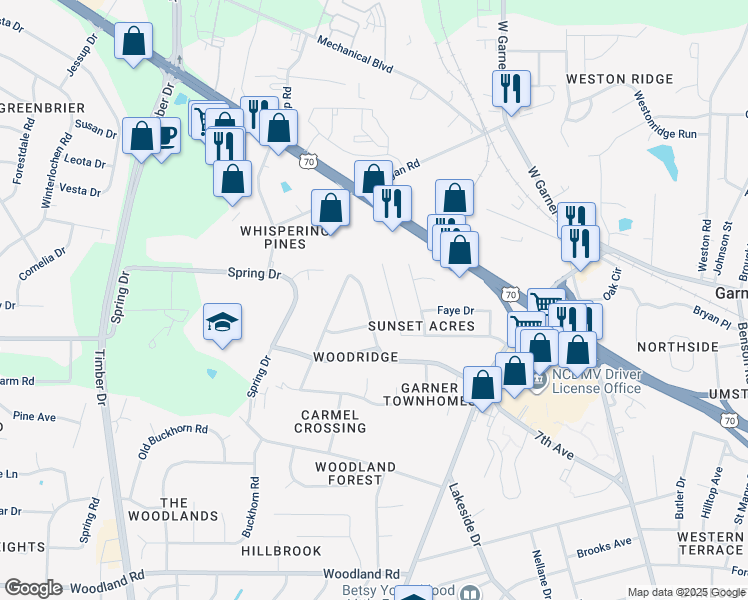 map of restaurants, bars, coffee shops, grocery stores, and more near 1706 Foxwood Drive in Garner