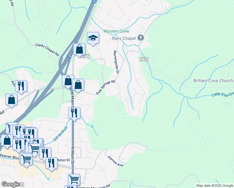 map of restaurants, bars, coffee shops, grocery stores, and more near 3 Leisure Lane in Weaverville