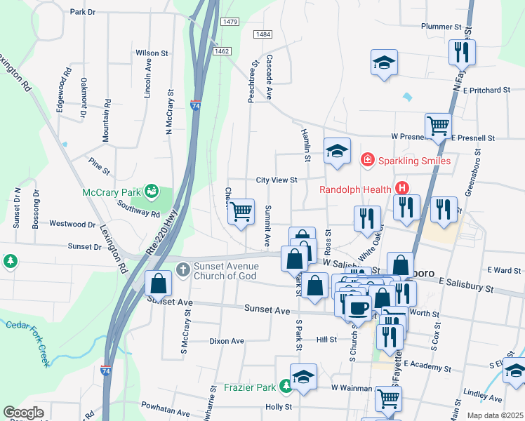 map of restaurants, bars, coffee shops, grocery stores, and more near 303 Summit Avenue in Asheboro
