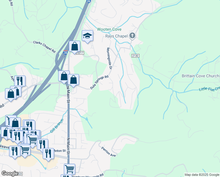 map of restaurants, bars, coffee shops, grocery stores, and more near 3 Leisure Lane in Weaverville