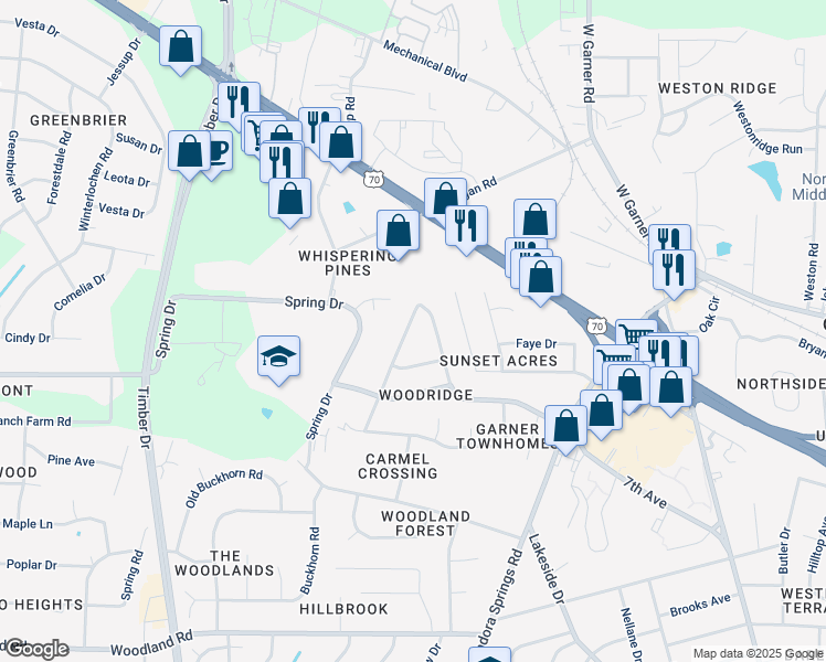 map of restaurants, bars, coffee shops, grocery stores, and more near 505 Buck Branch Drive in Garner